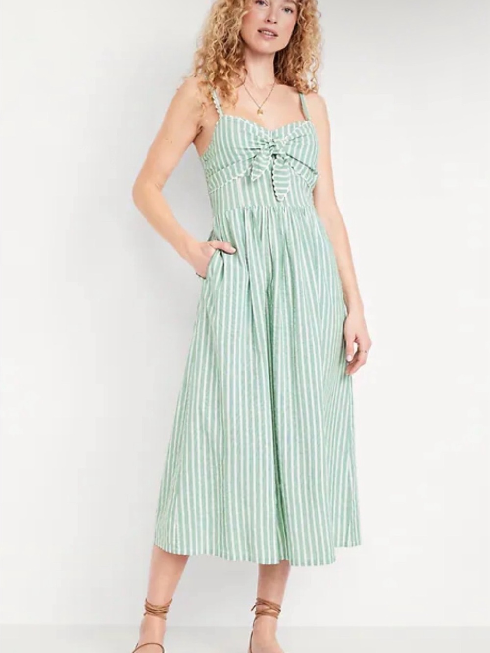 Old Navy Mint and White Striped Tie-Front Midi Dress